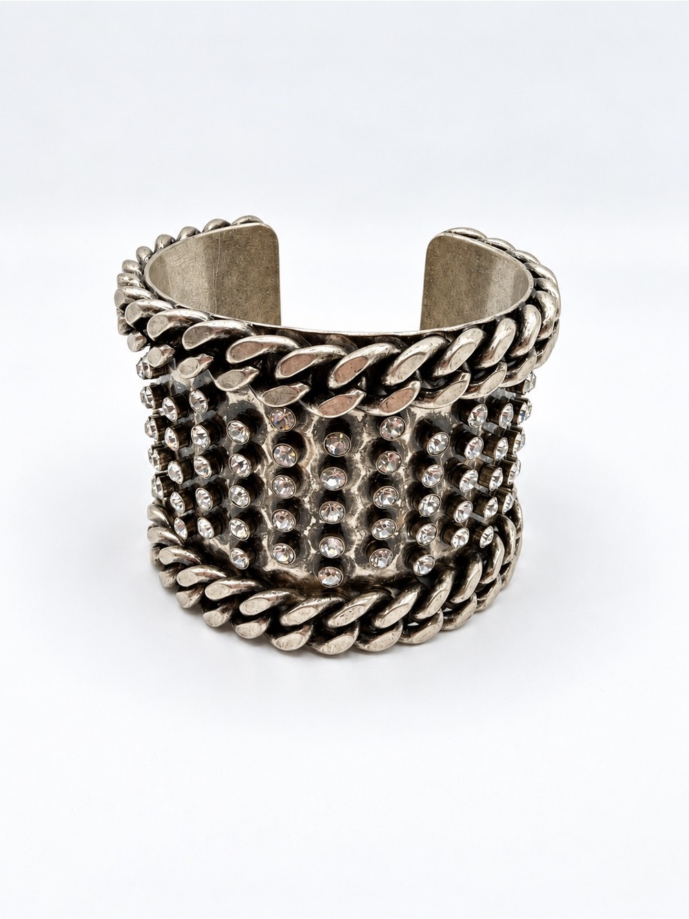Vtg J Crew Wide Crystal Stud Cuff Bracelet Silver Tone Glam Chain Statement Y2K